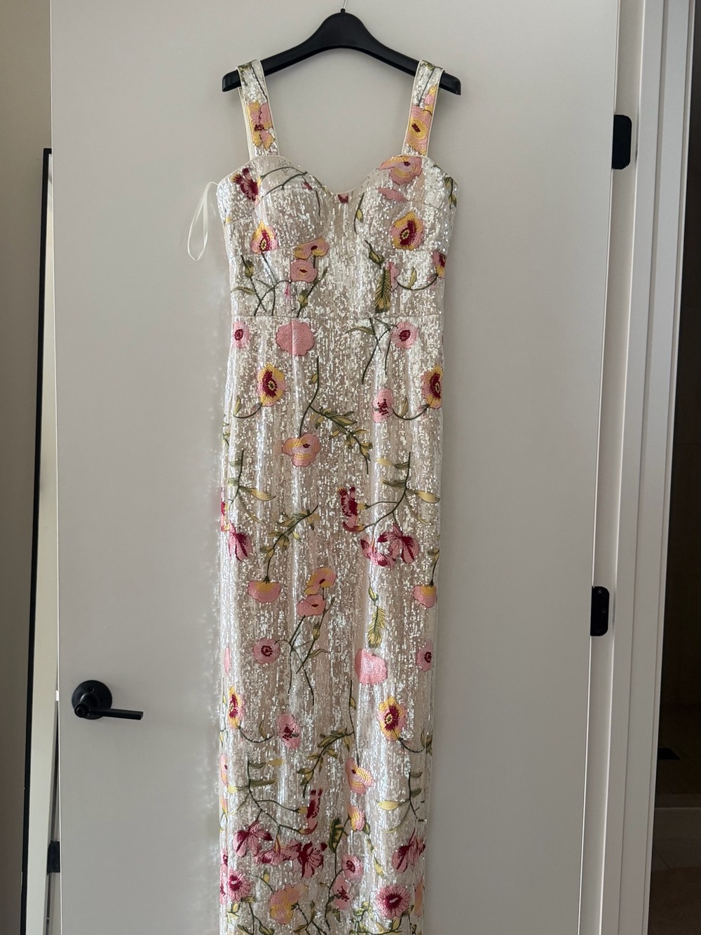 Dress the Population Ivory Sequin Maxi Dress with Pink & Green Floral Embroidery